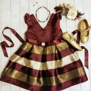 NWT - Burgundy/Gold Striped Party Dress Girls 4-10